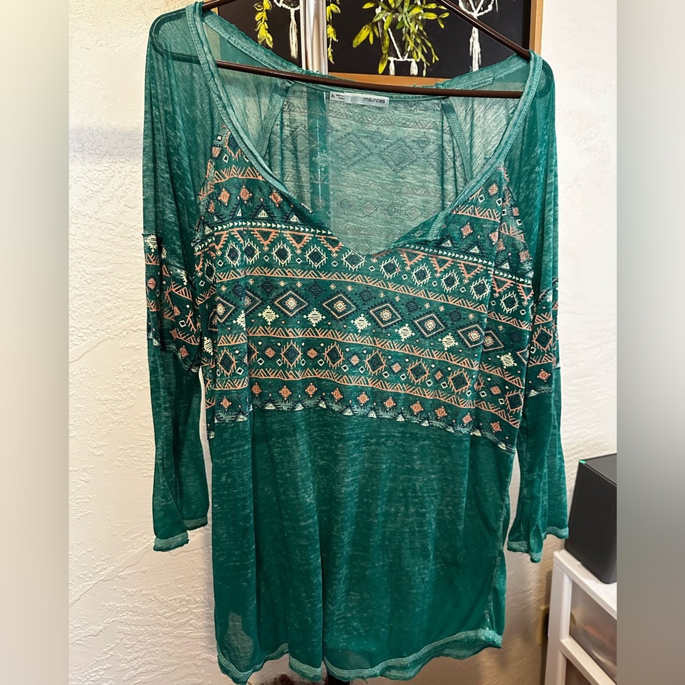 Maurices Teal Sheer Geometric Blouse